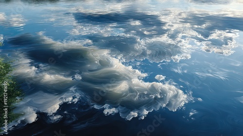 Abstract reflection of bright cumulus clouds upon a dark, rippling water surface