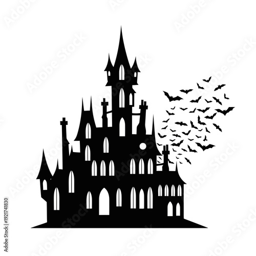 Vector silhouette illustration of a medieval castle at night inspired by Moscow Kremlin architecture in a simple cartoon style