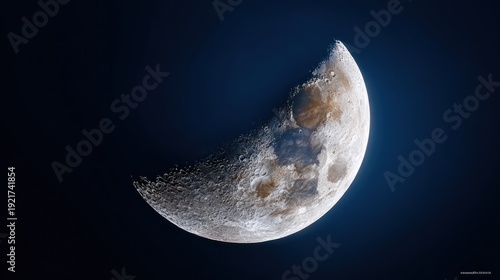 Bright crescent phase of the natural satellite dominates a deep indigo night sky backdrop