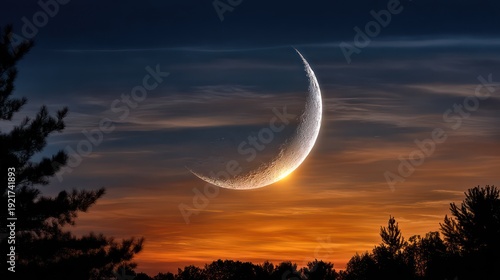 Brilliant crescent moon illuminates the twilight sky above a silhouetted treeline.