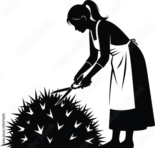 Silhouette vector illustration of person trimming bush with garden shears wearing apron showing gardening care precision plant maintenance nature concept artwork