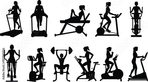 Cardio and strength gym equipment silhouette set with treadmill, cycling and weightlifting machines isolated on white background illustration