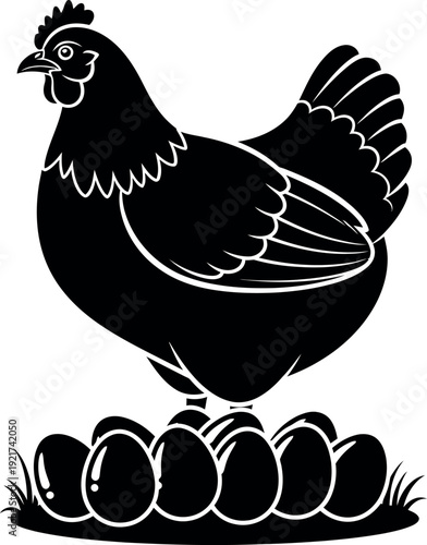 Black silhouette of a hen standing on eggs white chicken