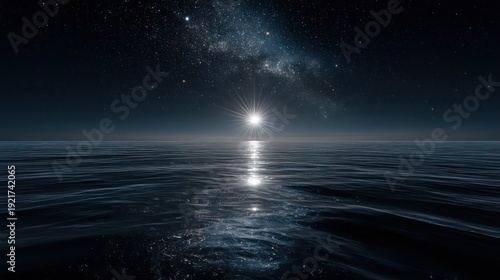 Brilliant celestial light illuminates a vast, dark ocean horizon under a dense star field.