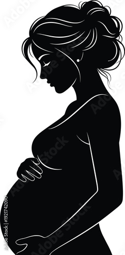 Silhouette vector illustration of pregnant woman profile with baby bump hand on belly showing motherhood anticipation new life maternity care concept artwork