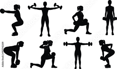 Women strength training silhouette set with dumbbell workout poses isolated on white background, flat vector illustration