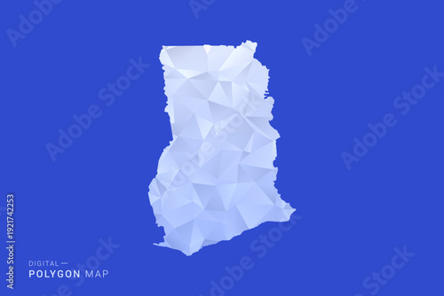 Ghana Map - Polygon Style Vector Illustration in Blue and White Gradient, Low Poly Geometric Design, Isolated on Solid Background for Infographics and Digital Use.
