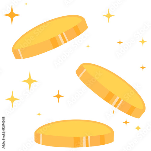 Group of gold coins falling from above in hand-drawn doodle style, concept of jackpot, bonus, and financial success