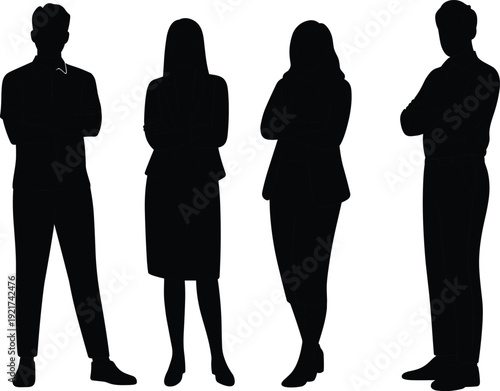 Business people silhouette set, professional group standing with arms crossed, corporate team vector icons, office staff figures for presentation and design.