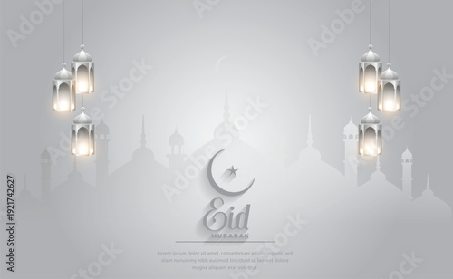 White Eid Mubarak background with silver lanterns