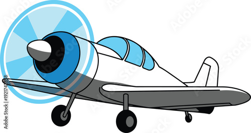 Blue and gray vintage propeller airplane with a blue radial engine and landing gear