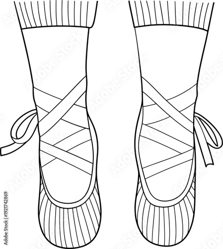 Hand Drawn Vector Illustration of Ballet Pointe Shoes with Ribbons and Leg Warmers for Kids and Adults Stress Relief Therapy Coloring Book Page