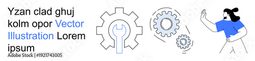Industrial processes, teamwork, mechanical maintenance, engineering, collaboration, workforce management. Gears, wrench inside a cog and a person in motion. Engineering and teamwork concepts