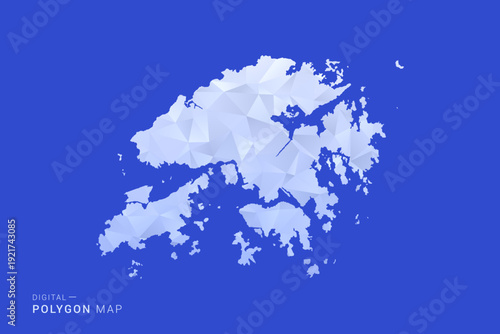 Hong Kong Map - Polygon Style Vector Illustration in Blue and White Gradient, Low Poly Geometric Design, Isolated on Solid Background for Infographics and Digital Use.