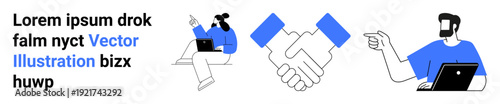 Business teamwork, collaboration, partnerships, professional skills, remote work, digital workspace. Minimalist scene of handshake, person working on a laptop and pointing gesture. Team