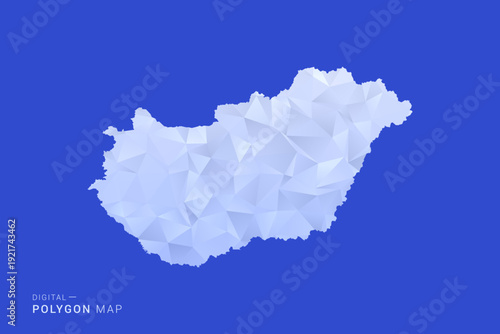 Hungary Map - Polygon Style Vector Illustration in Blue and White Gradient, Low Poly Geometric Design, Isolated on Solid Background for Infographics and Digital Use.