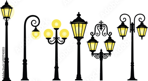 Set of vintage street lamps and black wrought iron lantern silhouettes with yellow glowing lights, classic old town park lighting vector illustration elements.
