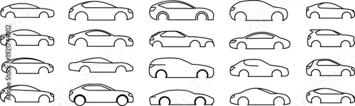 Compact car outline silhouette collection with multiple modern hatchback side view designs isolated on white background, flat vector illustration