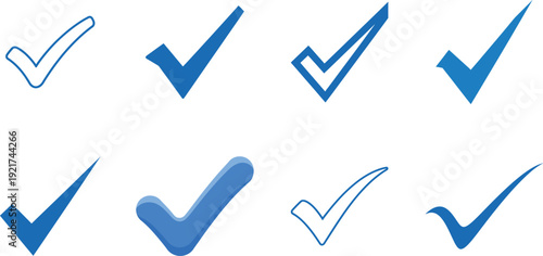 Collection of blue and black checkmarks on white background for confirmation and approval