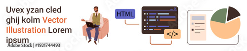 Web development, coding, data visualization, analytics, programming, technology. A developer with a laptop next to HTML code, charts and data. Web development and coding concepts