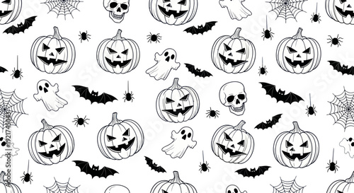 Halloween Pattern: Pumpkins, Ghosts, Bats, Spiders, Skulls, Spiderwebs
