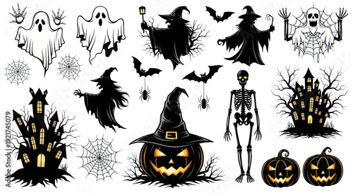 Halloween Icons: Ghosts, Witches, Haunted House, Pumpkin, Skeleton, Bats
