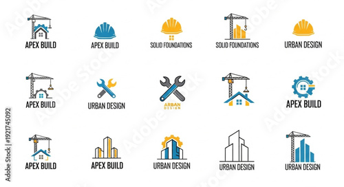 Collection of construction and building industry logos and icons.