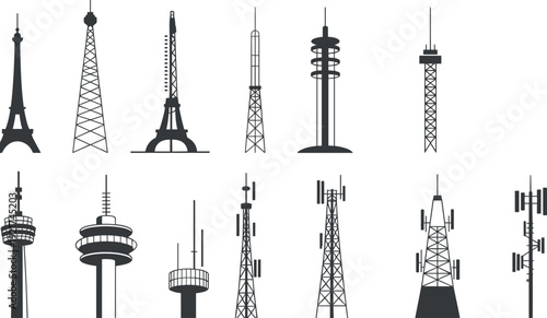 Set of black silhouette icons featuring various radio towers, telecommunication masts, observation decks, television antennas, and Eiffel Tower style architectural structures for urban communication.