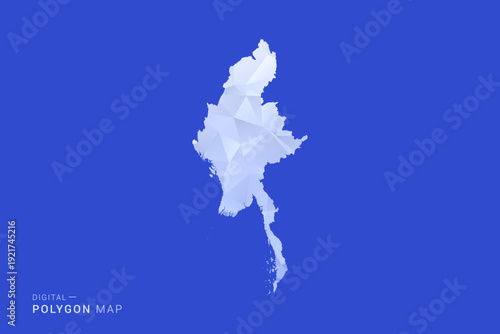 Myanmar Map - Polygon Style Vector Illustration in Blue and White Gradient, Low Poly Geometric Design, Isolated on Solid Background for Infographics and Digital Use.