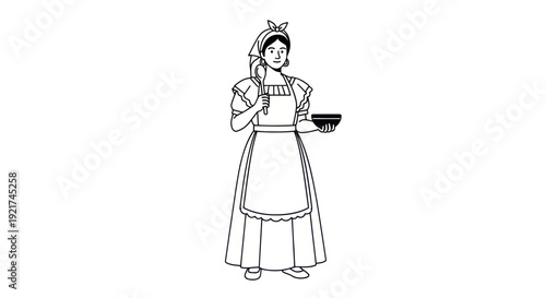 Woman in historical dress holding bowl and whisk, illustration