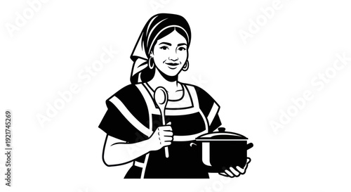 Woman Chef Holding Pot and Spoon, Cooking Concept