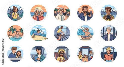 Collection of diverse people in various everyday situations and locations.