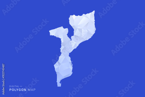 Mozambique Map - Polygon Style Vector Illustration in Blue and White Gradient, Low Poly Geometric Design, Isolated on Solid Background for Infographics and Digital Use.
