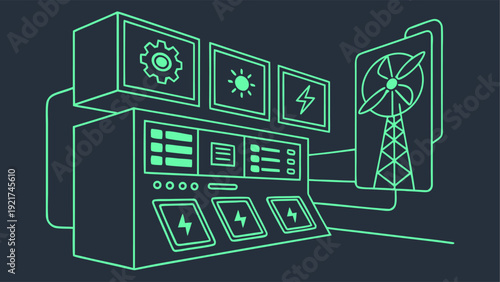Advanced energy management dashboard featuring solar panel, wind turbine and battery indicators, AI-driven dark theme interface.