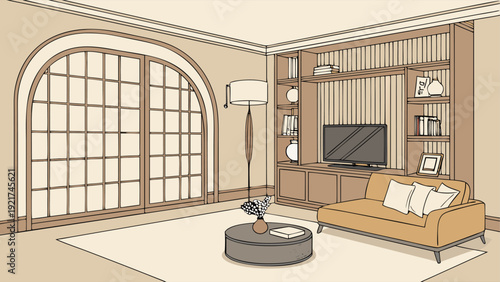 Elegant living room mockup with brown sofa and illuminated golden arch wall, realistic 3D visualization.