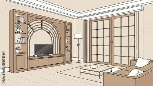 Minimalist living room interior with brown sofa and golden arch wall lighting design, modern elegant 3D rendering.