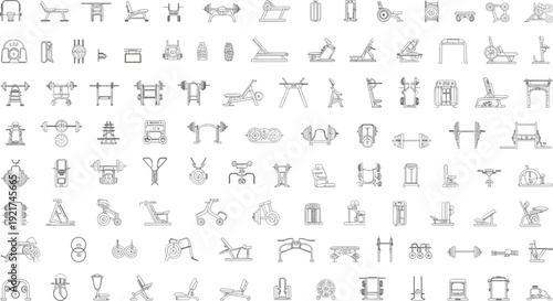 Comprehensive gym equipment outline icon set with fitness machines isolated on white background, flat vector illustration collection