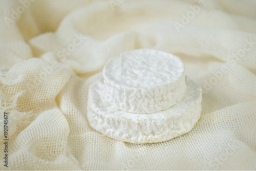 A refined soft cheese with a liquid filling on a light background. Blue cheese with ash in a cross-section. Cheese in packaging. Cheese on a plate. A piece of cheese. Cheese in paper packaging. A farm