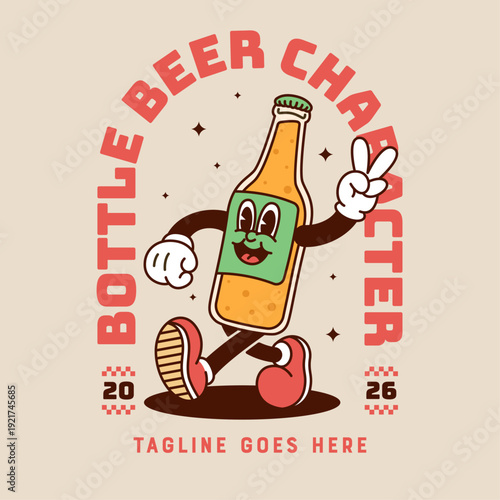 Rubber hose vintage bottle mascot walking with peace sign, carbonated beverage in golden liquid. Retro beer or soda character with green label.