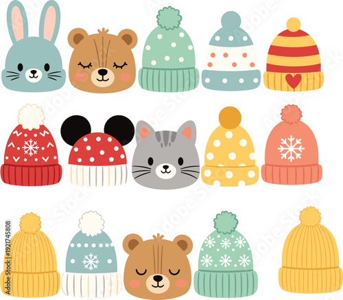 Colorful flat vector illustration of cute animal faces and patterned winter beanies for children seasonal fashion branding holiday cards and nursery decor, cad drawing flat vector illustration