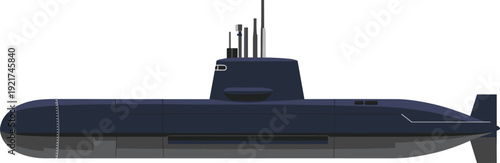 Dark blue submarine with a sleek and visible periscope and antennae on the surface