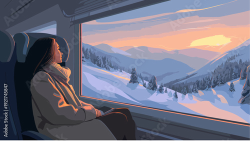 Flat design vector illustration of a woman enjoying a winter train journey, looking at snow-covered mountains at sunset