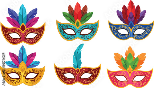 Set of six colorful carnival masquerade masks with decorative feathers and gold filigree patterns in various colors and styles isolated on a white background