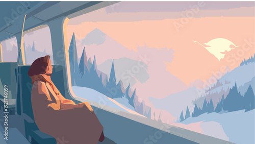 Serene Winter Train Journey Flat Vector Illustration, Woman Looking at Sunset over Snowy Mountains from Train Window, Cozy Travel and Scenic Alpine Landscape Background