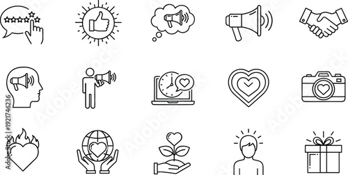 Customer Engagement and Social Support Icon Set with Feedback, Like, Megaphone, Handshake, Charity, and Online Community Symbols