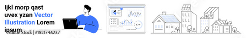 Remote work, data analysis, sustainable living, business growth, real estate development, environmental planning. Man working on a laptop, charts homes with solar panels. Remote work and data