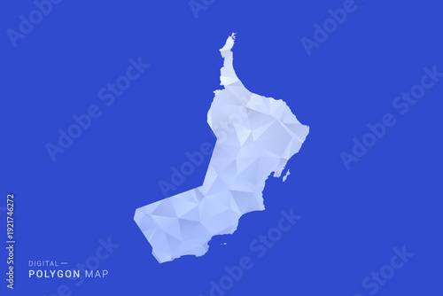 Oman Map - Polygon Style Vector Illustration in Blue and White Gradient, Low Poly Geometric Design, Isolated on Solid Background for Infographics and Digital Use.