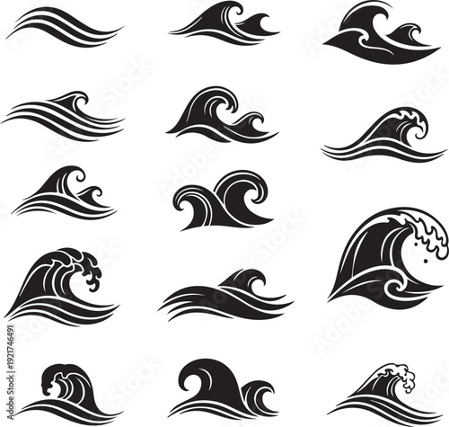 Collection of black wave illustrations isolated on transparent background for design elements