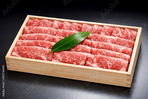 高級感溢れる木箱にきれいに並べられた和牛霜降り肉のギフトセットと笹の葉の物撮り