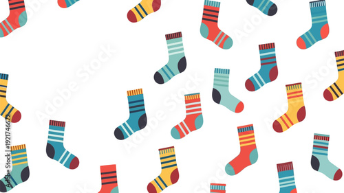 Vibrant and playful pattern of numerous colorful socks scattered on a clean white background, evoking comfort and everyday style